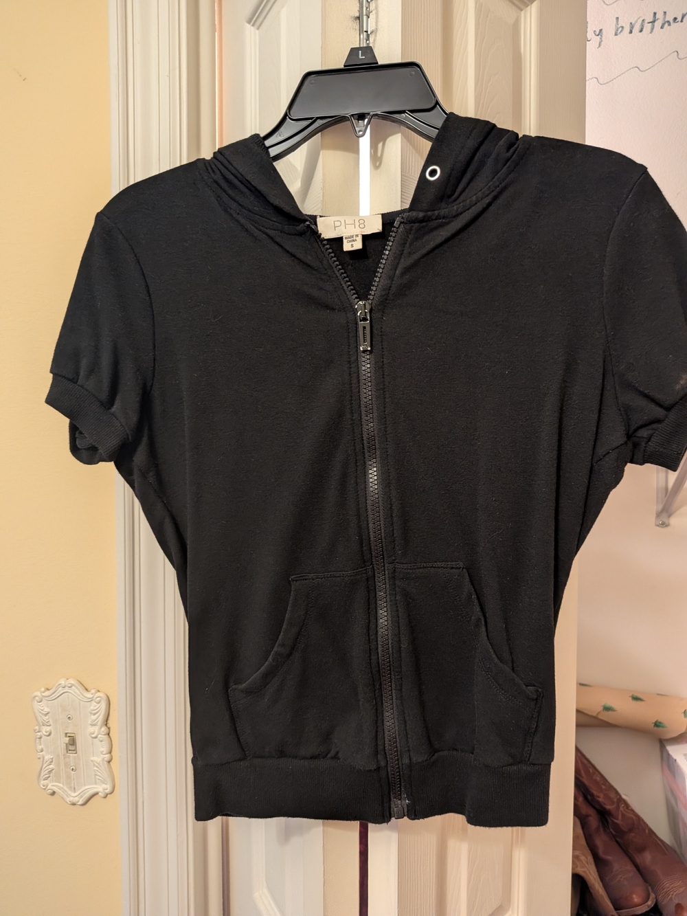 Black Short-Sleeve Zip Hoodie Jacket With Crystal Angel Wings On Back
